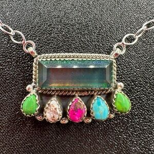 🔥 OOAK Aurora Opal Turquoise Jasper Bar Necklace Sterling Silver 925 Handmade